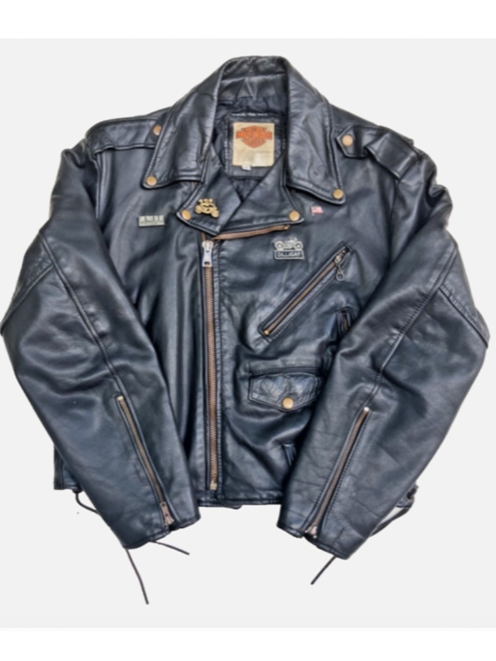 Vintage Harley Davidson Leather Biker Jacket 46 Made USA Bar Shield